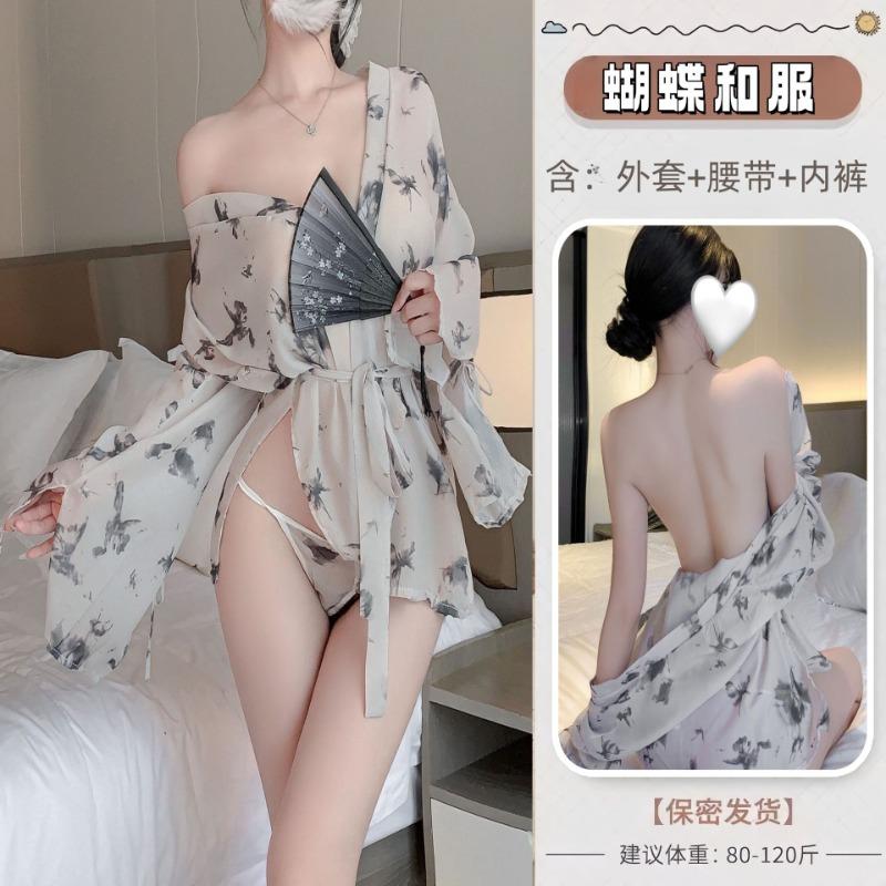 

Сексуальное нижнее белье чистое желание принт бабочки кимоно перспектива халат униформа комплект свободная пижама соблазн qqny average size