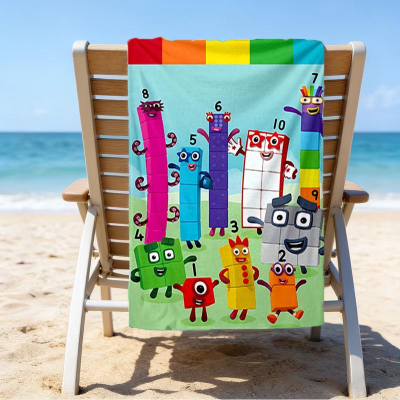 1pc 3D-Number-Blocks-Cartoon Beach Towel, Sports Cape, Beach and Seaside Swimming Pool Equipment, Fashion Pattern, Rectangular, Travel Essentials