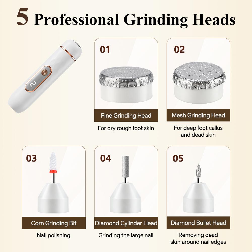 2 in 1 Electric Nail File Electric Foot Gringder, Dual Speeds Nail Drill Manicure Pedicure Tool Set With 5 Grinding Heads