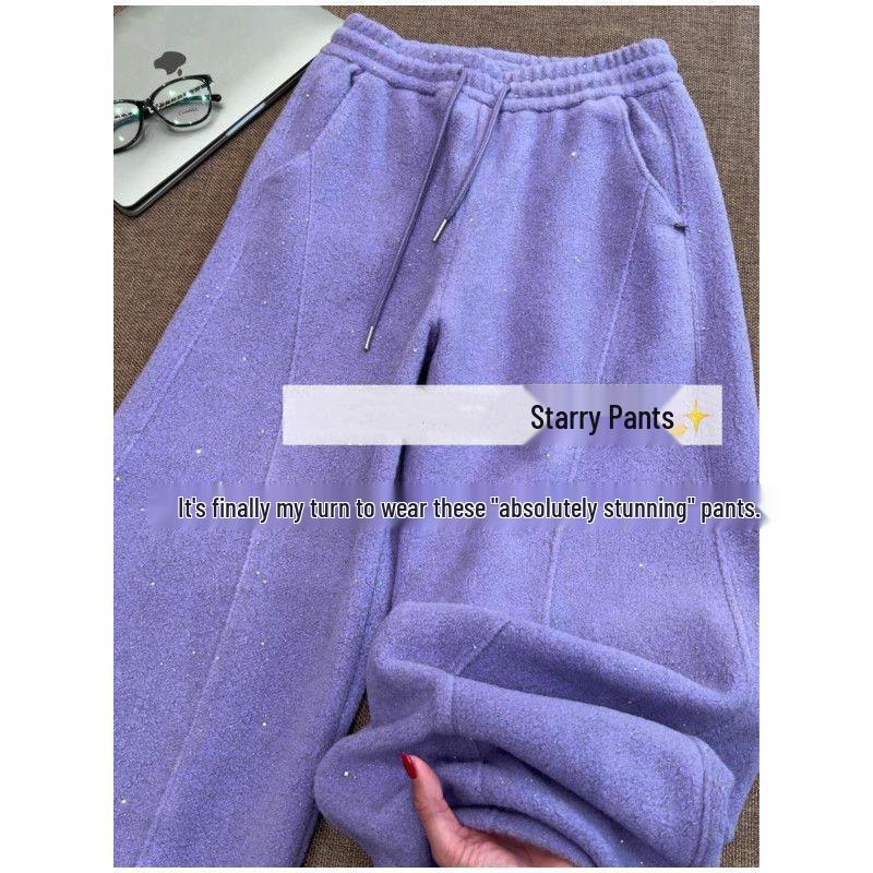 

Highly Recommended! Starry Sparkle Purple Curved Leg Wide-Leg Pants for Women - Niche Towel Fleece Design, Perfect for Autumn/Winter. M фиолетовый
