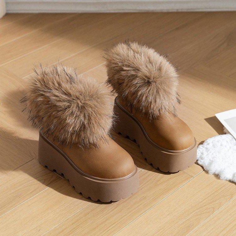 

Thick-soled small man height-increasing snow boots women s 2025 autumn new velvet warm raccoon hair Northeast large cotton boots 39