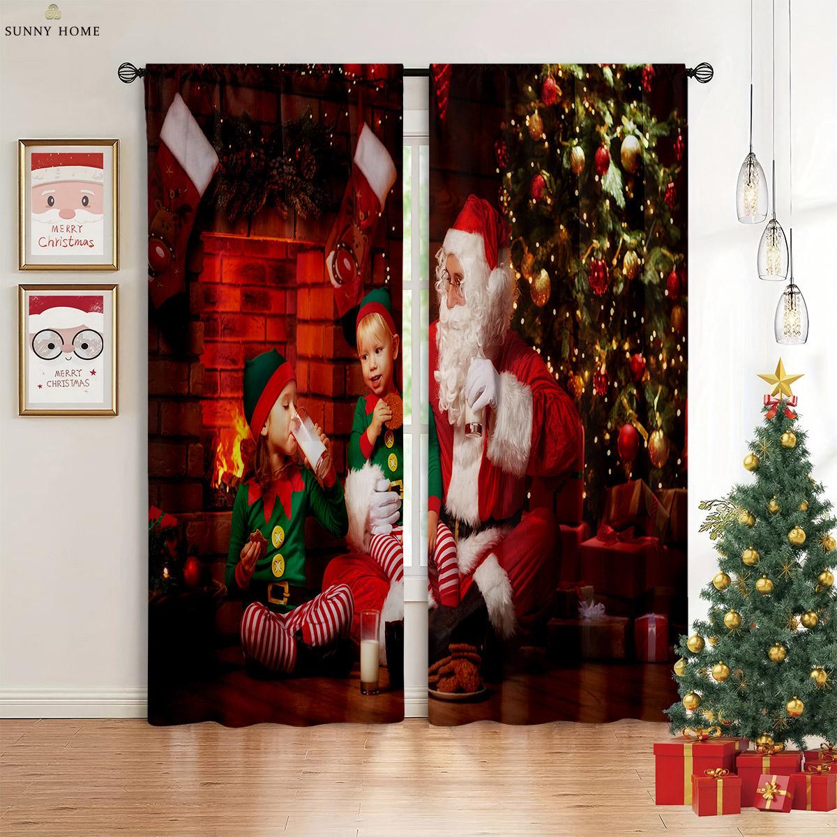 

Christmas Holiday Decorative Piececurtains Santa Claus Claus Fireplace Children Room Living Area Studylight Blocking Heat Insulationcurtains W100xH130(CM) folio&Grommet Top