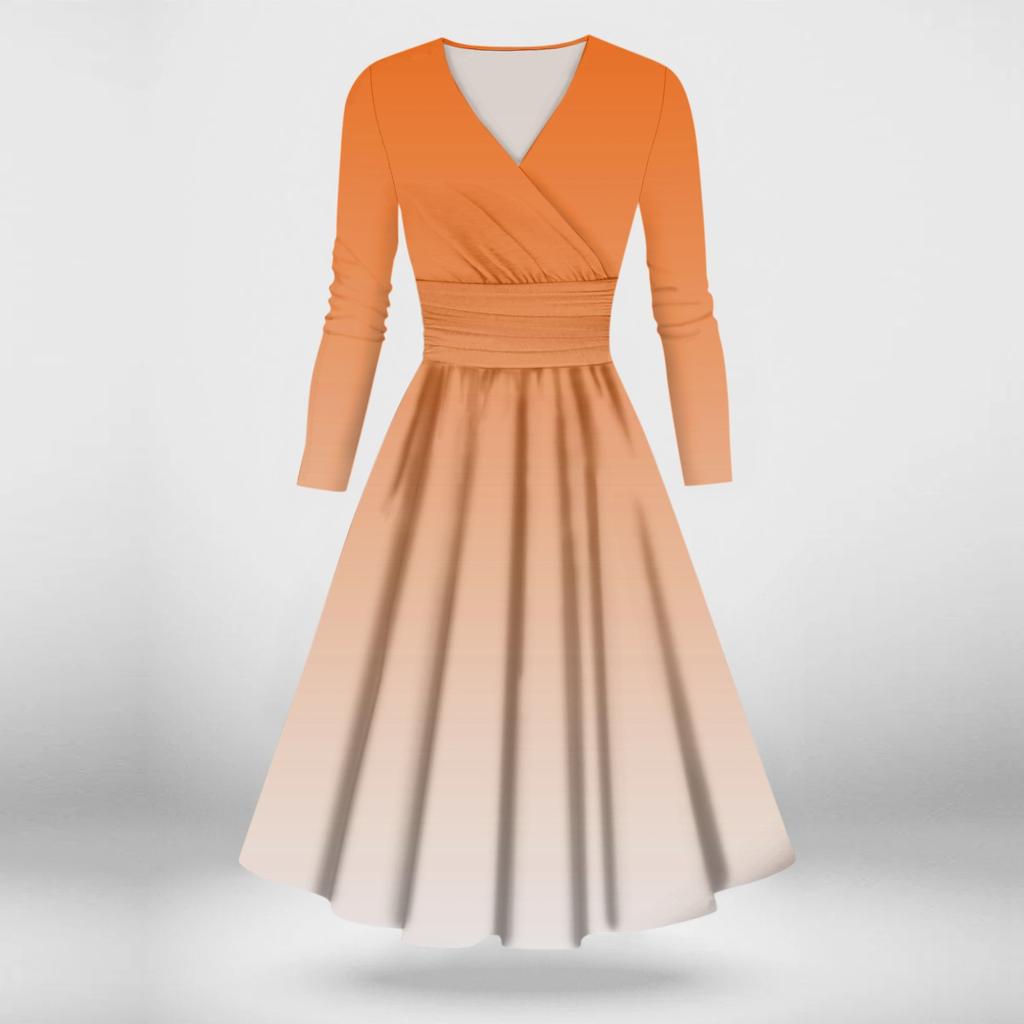 Dámské ležérní a módní sexy šaty s dlouhým rukávem a výstřihem do V s přechodem