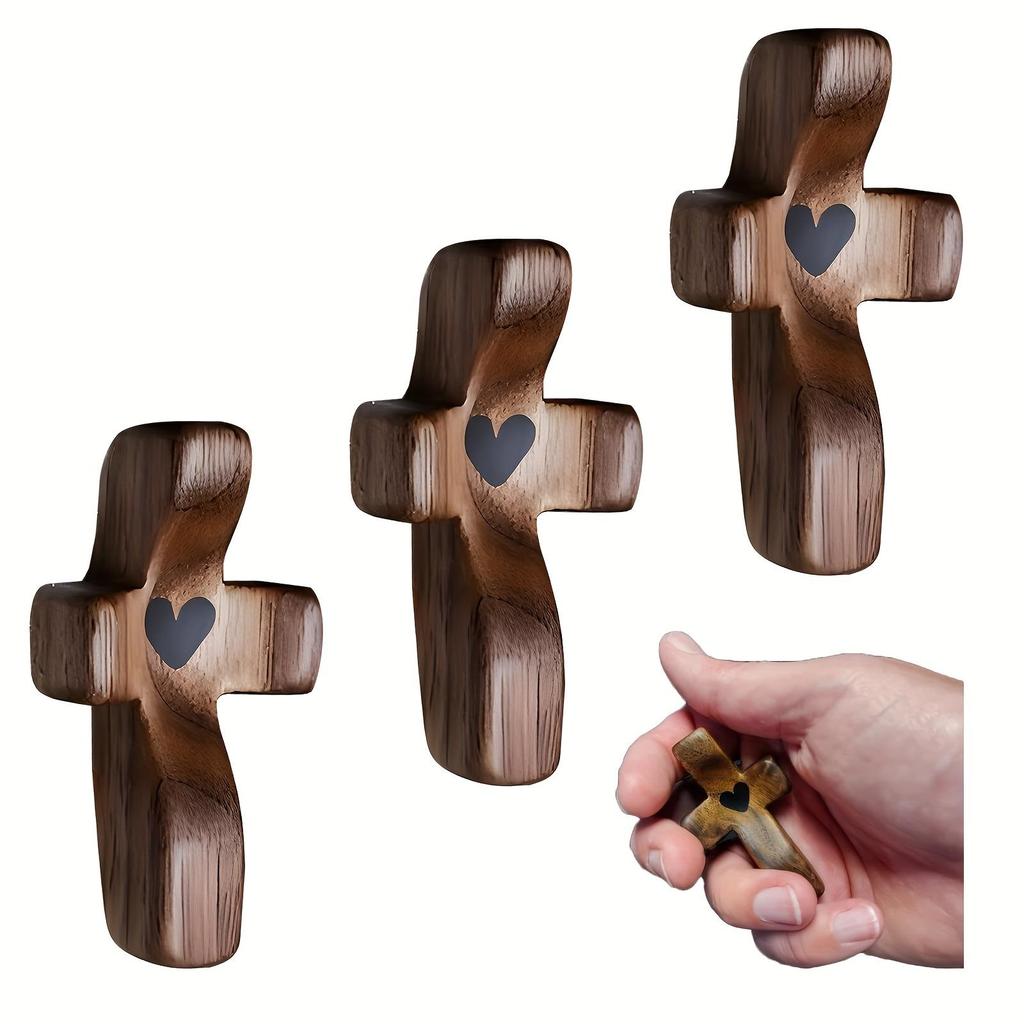 [Handheld Cross with Heart Cutout] Wooden Pocket Cross with Heart Cutout, Stress Relief Handheld Cross, Encouragement Gift for Comfort and Hope