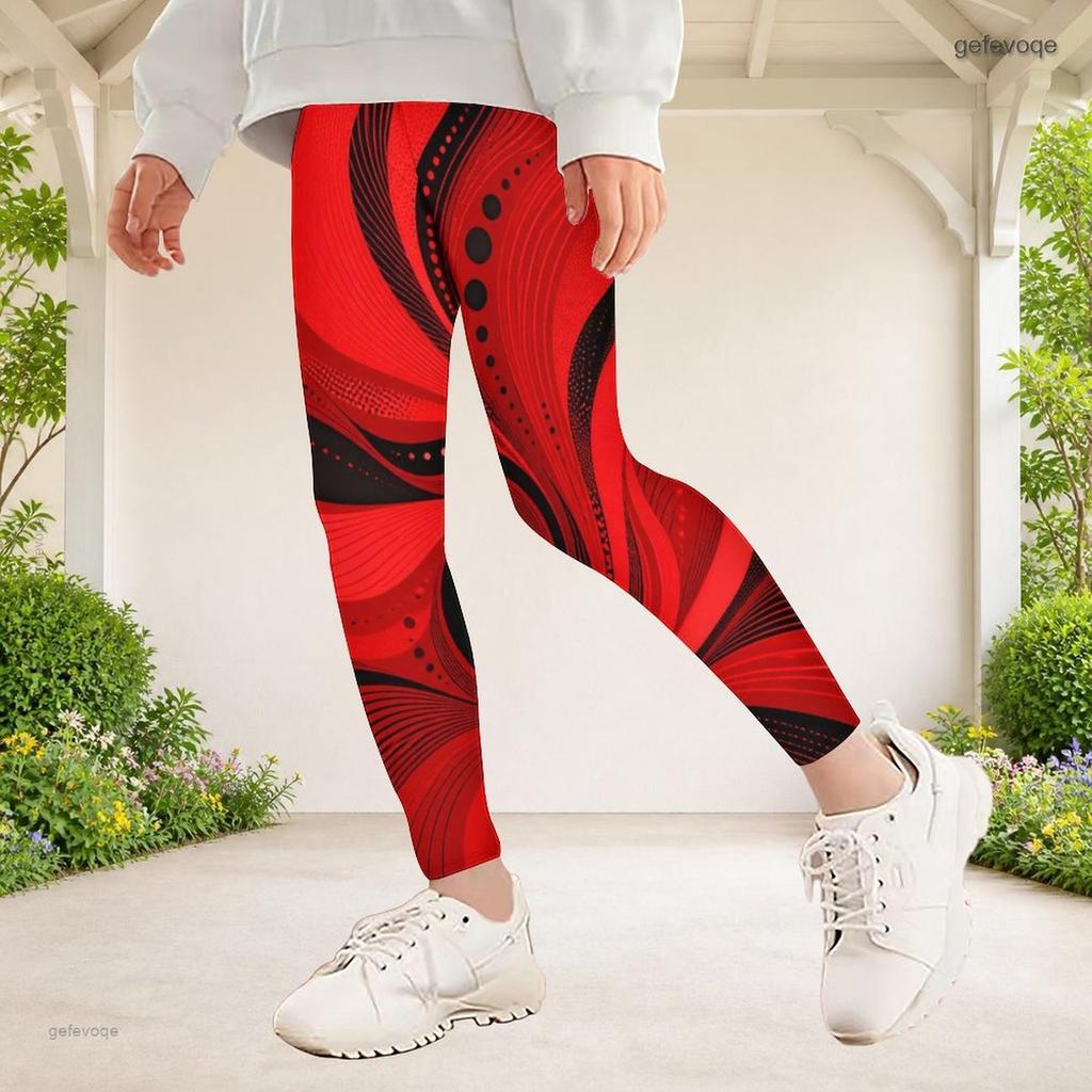 Girls Red Black Abstract Printed Full Length Stretch Waist Yoga Leggings