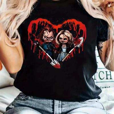 Modny Damski T-shirt z Graficznym Sercem na Halloween - Luźny Krój, Prać w Pralce, Dekolt Okrągły, Krótki Rękaw - Idealny na Każdą Pora Roku