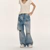 Mens Distressed Wide Leg Denim Pants Vintage Washed Loose Fit Straight Cut Casual Jeans