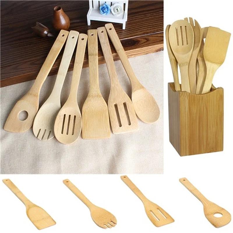 Kitchen Tools 1/6pcs Bamboo Spoon Spatula Kitchen Utensil Wooden Cooking Tool Mixing Set