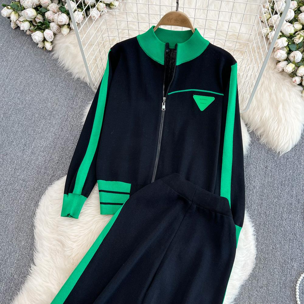 Herbst Winter Kontrast Farbe Gestrickte Pullover Trainingsanzug Volle Hülse Zipper Mantel Jacke und Knöchel-länge Hose Zwei Stück Set