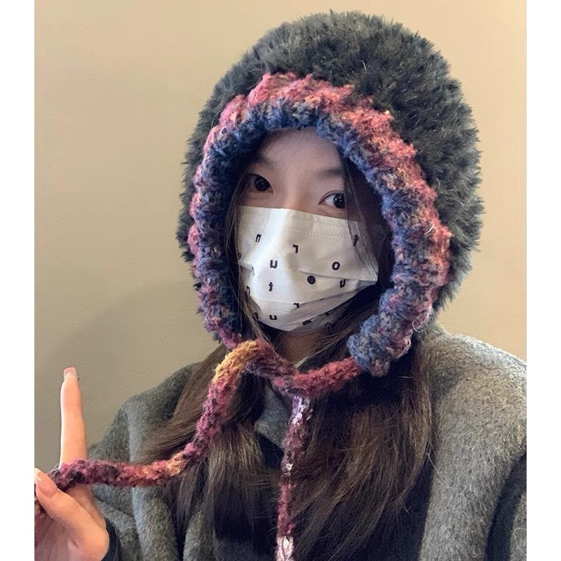 Winter Handmade Fashion Fringed Ball Wool Hat Thickened Thermal Bald Hat Women's Ear Protectors Straps Knitted Hat Tide