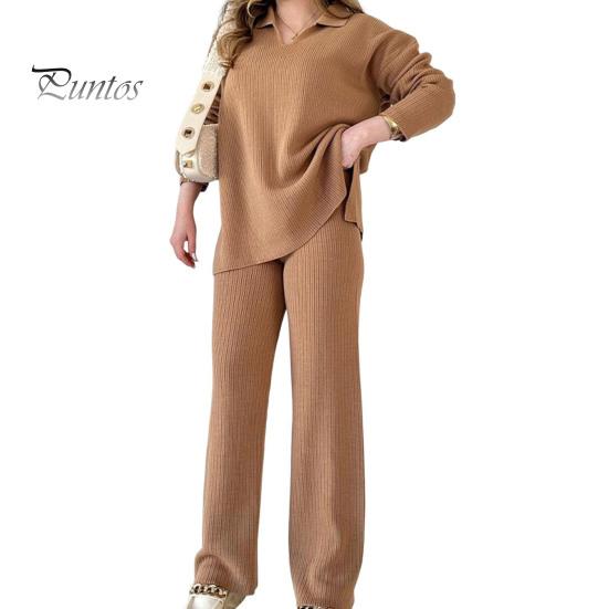 

2 шт./комплект женский трикотажный наряд V-образный вырез длинный рукав топ высокая талия широкие брюки нитки домашняя повседневная одежда пижамный комплект осенне-зимний спортивный костюм комплект L