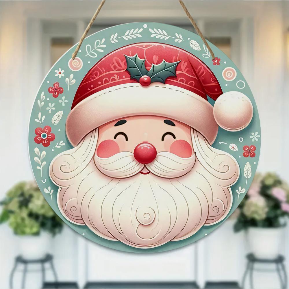 Cute Santa Claus pattern festive round wooden hanging plaque natural wood door sign wall decor xmas holiday party home decoration
