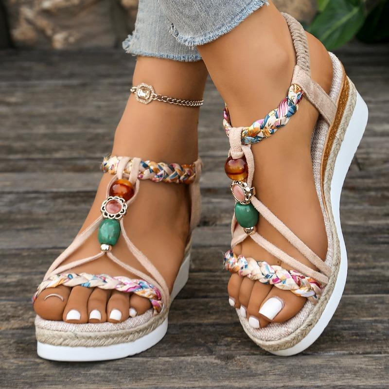 Fashion Roman Sandals Women Fashion Round Head Open Toe Matching Color Beaded Soft Sole Anti-slip Wear-resistant Large Size Wedge Shoes