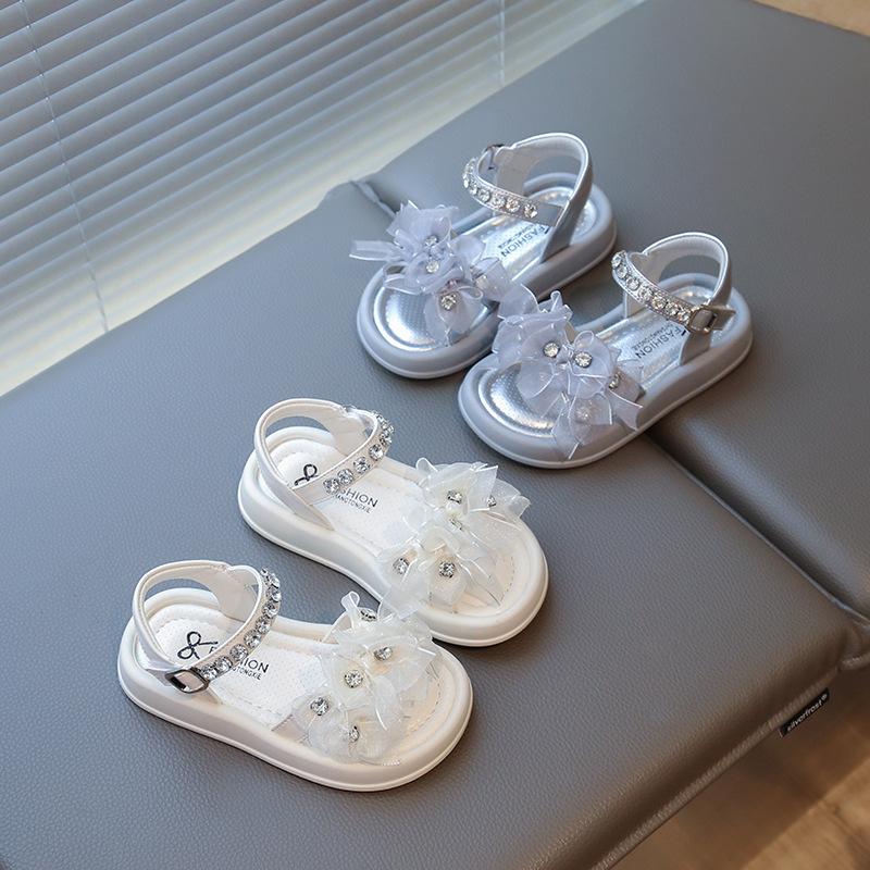 Girls Sandals Lace Flowers Shiny Crystal Kids Beach Shoes Open Toes 2025 Summer New Children Princess Shoes Soft Comfortable