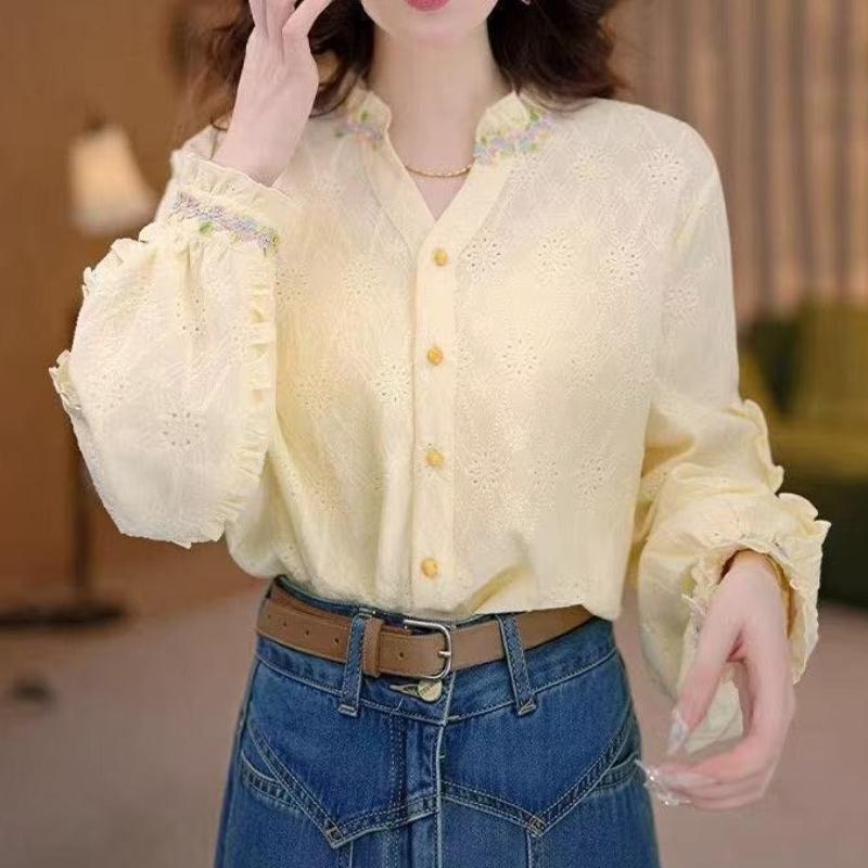 Hollow Out Women's Shirt Flower Embroidery V-neck Solid Color Ruffled Lantern Sleeve Blouse French Style Spring New Version Sweet Woman Top