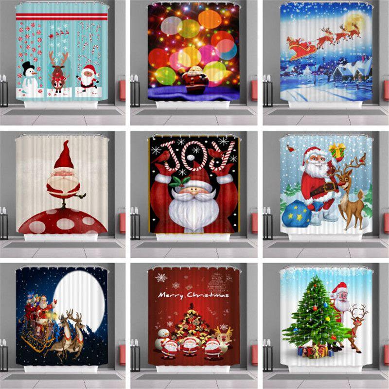 Curtain Shower Christmas With Hook Waterproof Fabric Bathroom Santa Xmas Claus