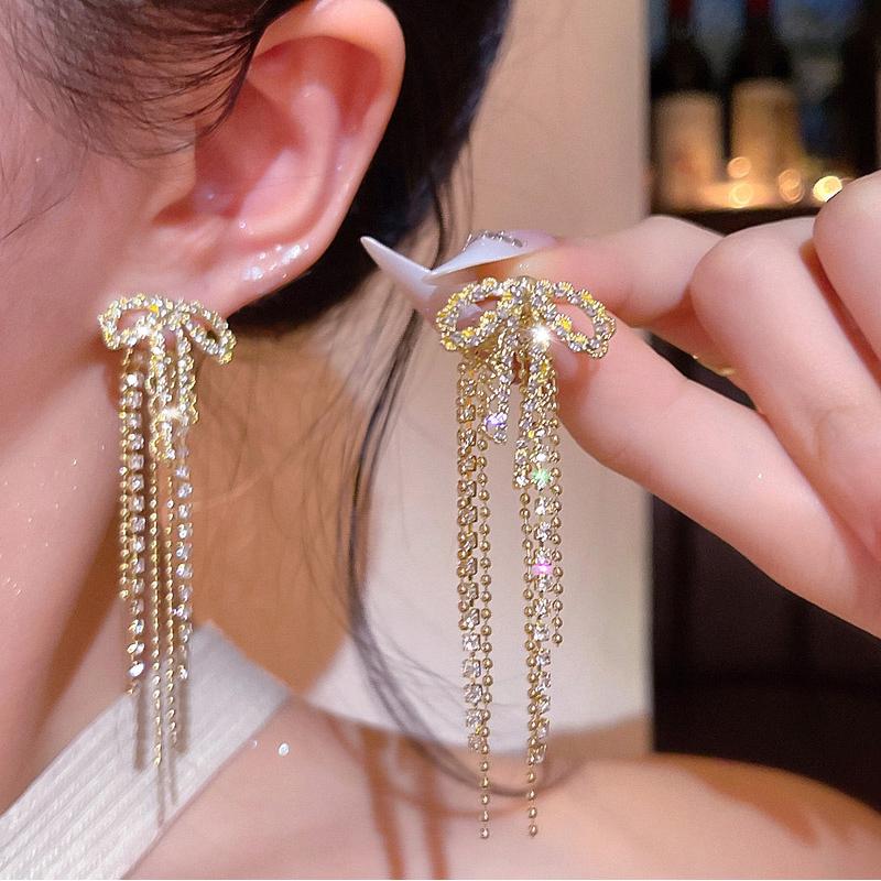 Exquisite Rhinestone Bow Kont Dangle Earrings for Women Girl New Fashion Long Tassel Double-Purpose Earrings Jewelry Accessories