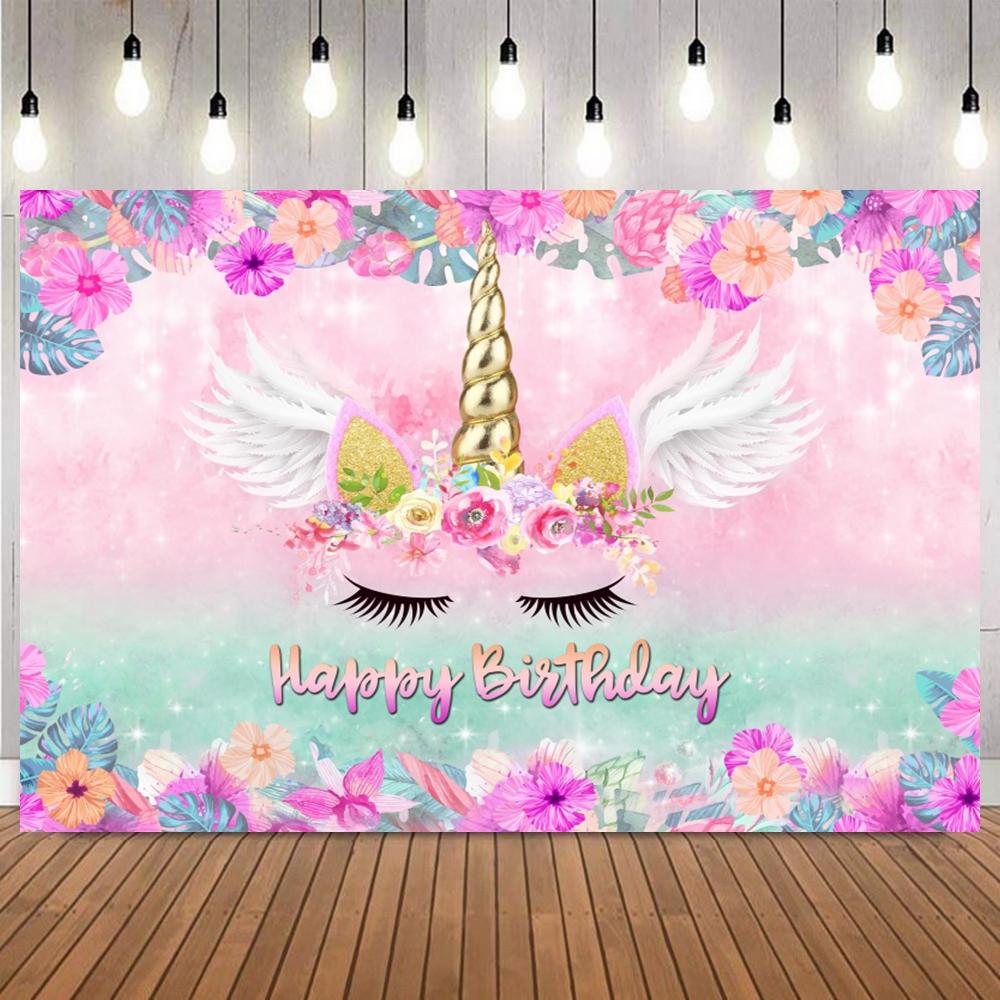 Unicorn Theme Backdrop for Girl Birthday Party Rainbow Floral Princess Baby Shower Birthday Photography Background Photo Props26