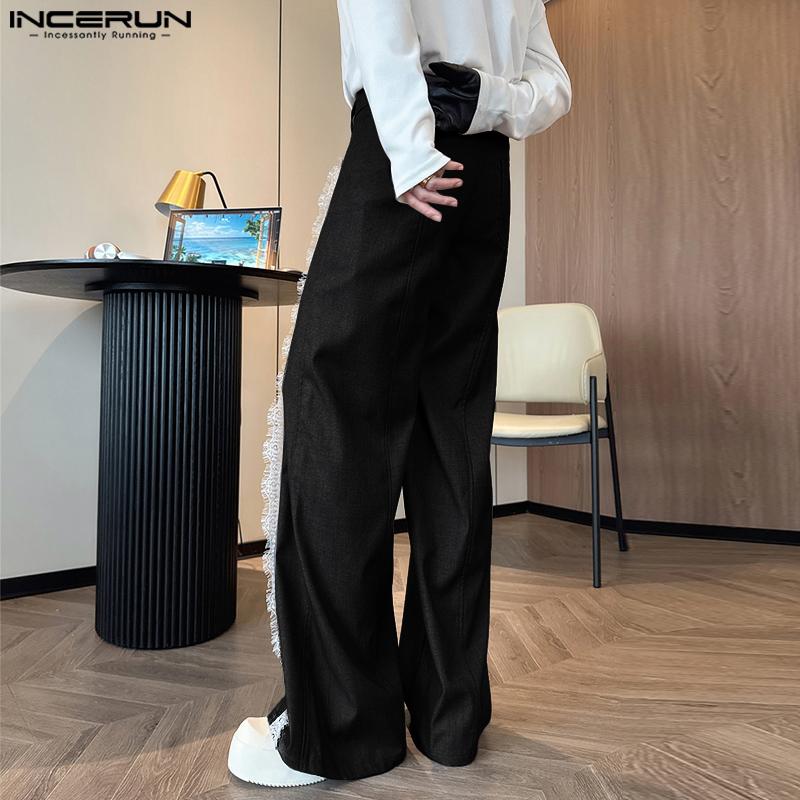 INCERUN Men Zip-up Waist Side Lace Patchwork Casual Long Straight Pants