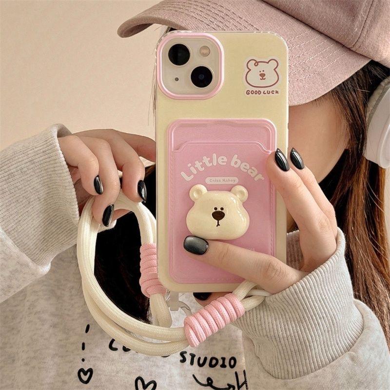 Cute 3D Little Bear for iPhone 16 Pro Max 15 Plus 13 Mini 14 12 11 Pro XS XR 7 8 SE Card Holder Cartoon Phone Case With Lanyard