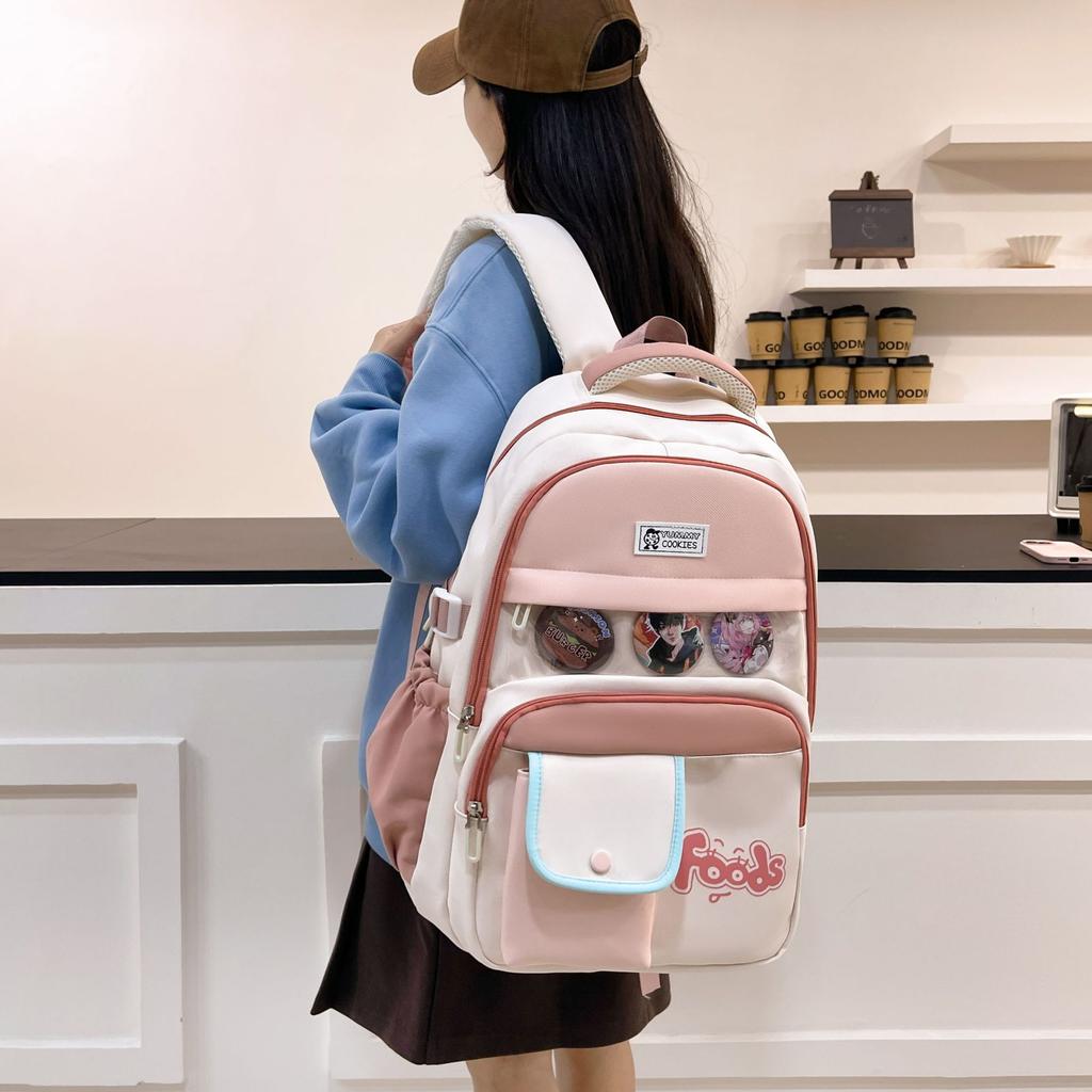 Nouveau Sac à Dos Décontracté Automne et Hiver de Haute Valeur avec Lettres Fraîches en Blocs de Couleurs pour Étudiantes du Primaire et du Secondaire