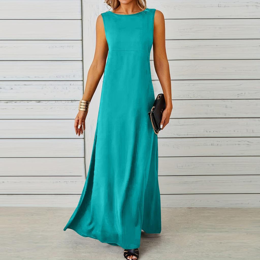 Ladies Fashion Solid Color Sleeveless Dress Long Dress