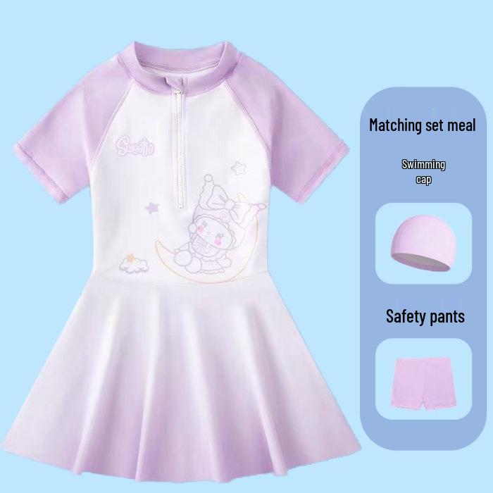 Girls Gradient Swimsuit & Cartoon Print Swimwear Dress Set for Summer