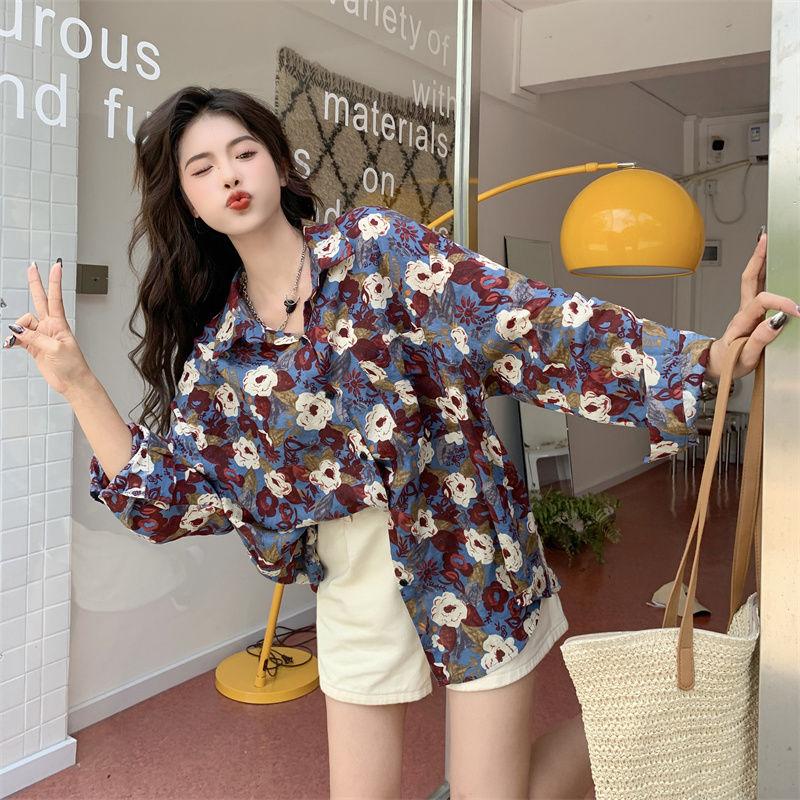 Port-style Floral Shirt for Women Retro Long-sleeved Loose and Lazy-style Printed Top Coat