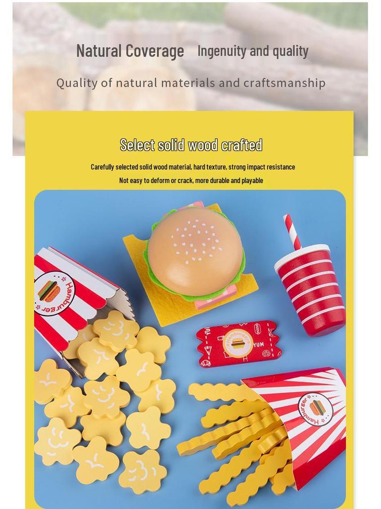 Children's Wooden Hamburger & Fries Pretend Play Set - Kitchen Game Gift for Boys & Girls