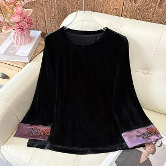 Spring 2026 Ethnic Style Long-Sleeve Base Layer Top for Middle-Aged & Elderly Women XL чёрный