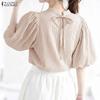 ZANZEA Women Casual Stand Collar Loose Half Sleeve Stripe Blouse