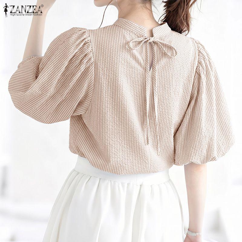 ZANZEA Women Casual Stand Collar Loose Half Sleeve Stripe Blouse