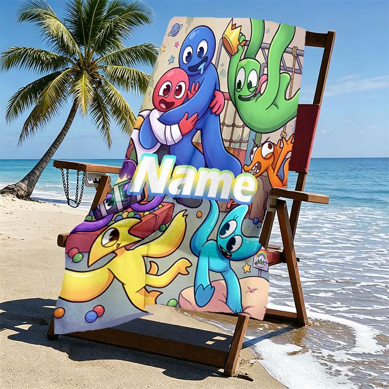 Custom Name Personalized Game Rainbow Friends Print Beach Towel, for Trip Camping Beach Party Home Decor, Birthday Gift for Family & Friends