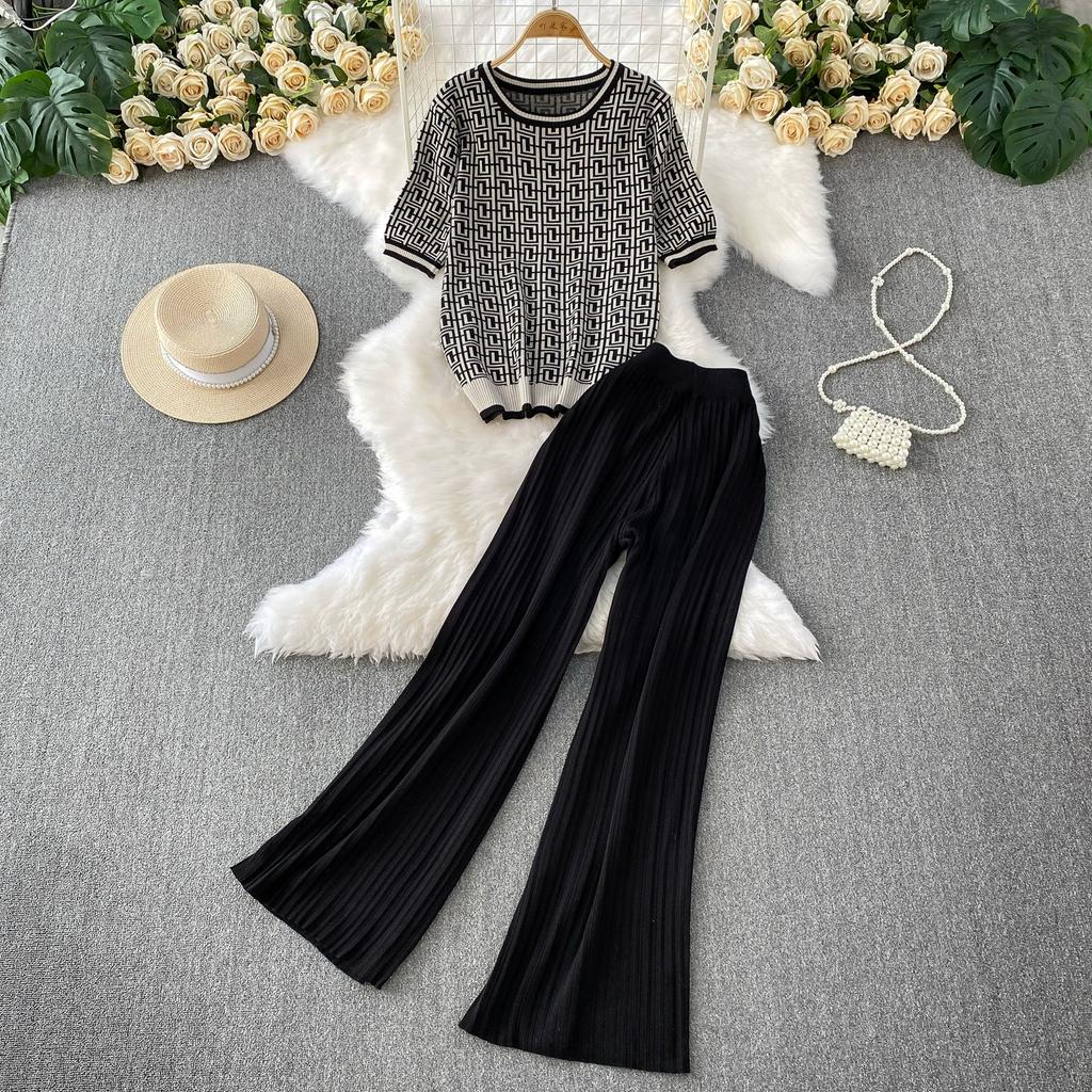 Summer Women Designer Print Knitted Sweater Trouser Two Piece Set Short Sleeve Pullover Tops and Wide Leg Pleated Pant Set
