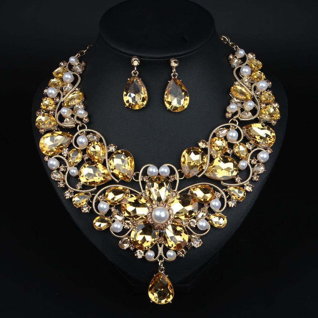 Exaggerated Crystal Flower Water Droplet Necklace Earring Set Women Dress Banquet Accessories