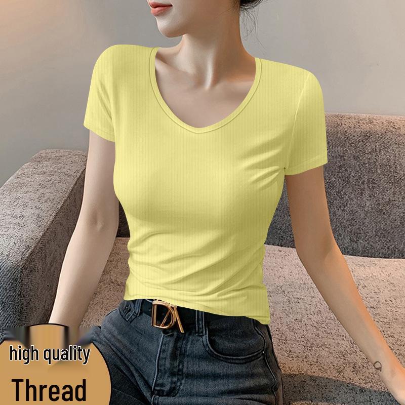 Damen V-Ausschnitt Slim Fit Kurzarm Geripptes T-Shirt, Große Größen, Einfarbig, Frühjahr/Sommer 2026 Kollektion