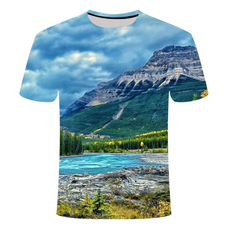 Summer Mountains and Rivers Graphic T Shirts For Men Fashion Natural Scenery Pattern T Shirt Handsome Casual 3D Print T-shirt