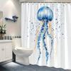 Whimsical Jellyfish Shower Curtain, Vibrant Blue & Golden Digital Watercolor, Starry Background, 12 Hooks,Playful Bathroom Decor