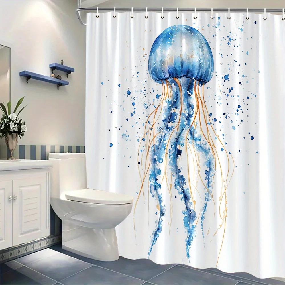 Whimsical Jellyfish Shower Curtain, Vibrant Blue & Golden Digital Watercolor, Starry Background, 12 Hooks,Playful Bathroom Decor