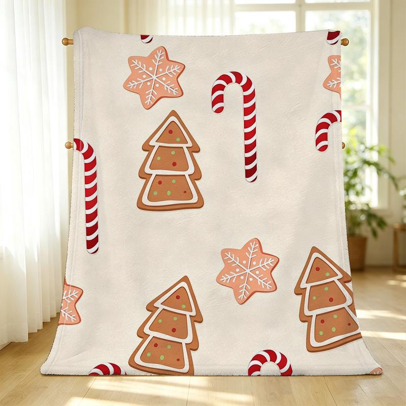 Soft Flannel Fleece Christmas Blanket – Cozy Gingerbread Man, Candy Cane, Snowflake Print, All Season Warm Throw for Home & Office, Festive Vibe