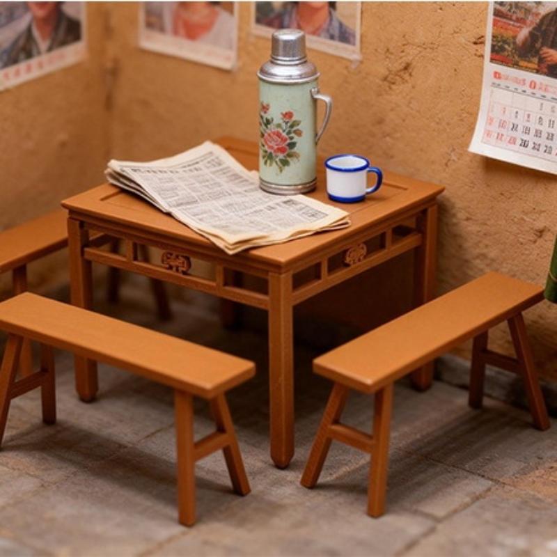 5Pcs Montessori Miniature Imitation Table Long Bench Model 1:12/1:18 Dollhouse Furniture Accessories For Girl Gifts