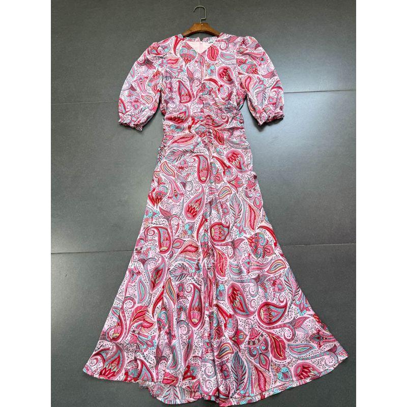 

Foreign Trade Order Retro Palace Style Peach Heart Collar Paisley Waist Hugging Pleat Dress Slimming Long dress Pink Cashew Flower Dress S