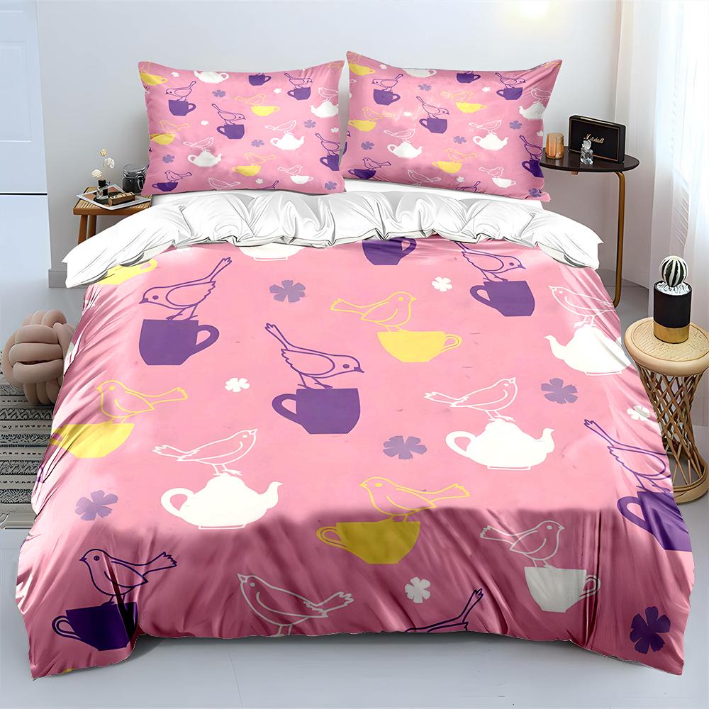 3Pcs Birds And Teaware Pattern Duvet Cover Set Digital Print Colorful Polyester Bedding With Zipper Closur For Kids Gifts