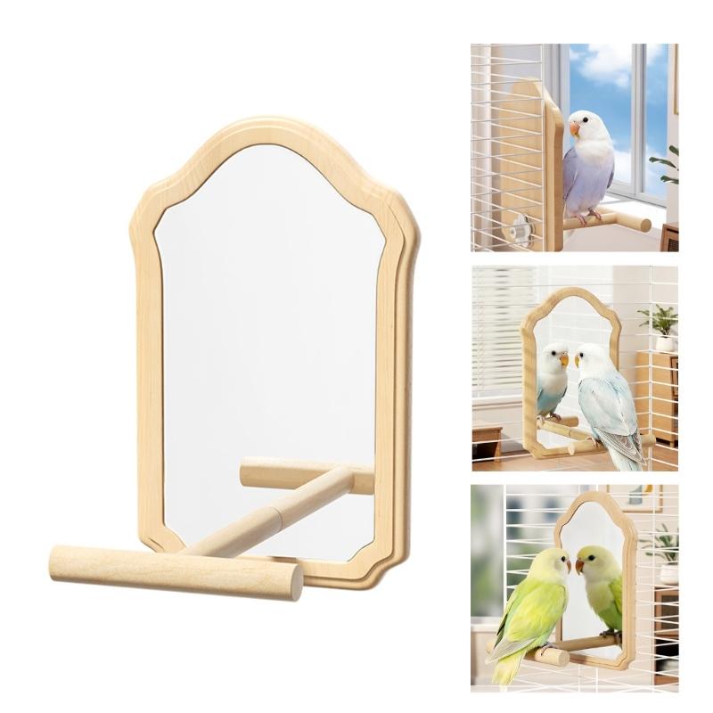 Parrots Mirror Perch Natural Wood Stand For Bird Cage With Safe Acrylic Mirror For Pet Bird Entertainment Play Resting