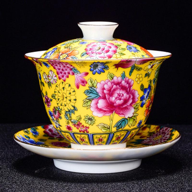 Large Ceramic Teapot Set with Hand Painted Flowers Home Tea Brewing Kungfu Tea Kit with Handle