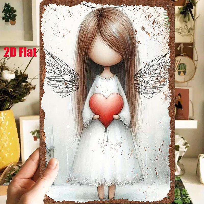 D Flat pc D Flat Metal Sign Vintage Tin Art an Angel Cradling a Red Heart with Flowing Long Hair And Gently Spread Wing