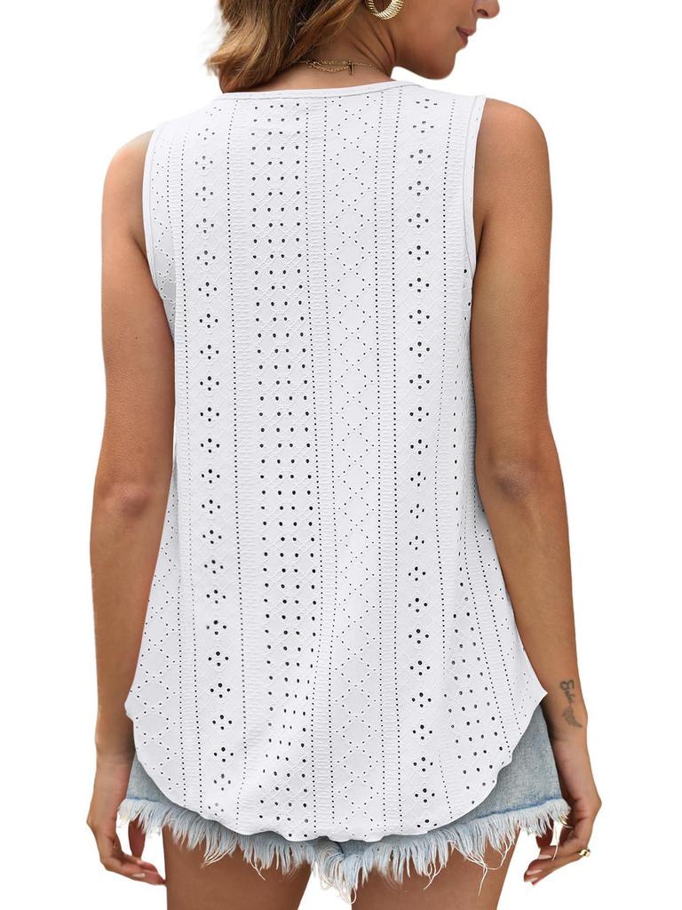 European & American Women's Summer Crew Neck Eyelet Sleeveless Tank Top T-Shirt