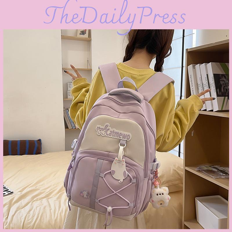 Fashionable Blocked Color Letter Cat Pattern Student Backpack Pendant With