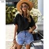 DX~Women's Cotton Linen Shirt Short Sleeved Henry Shirt Button Up V-neck Casual Work Top with Two Pockets