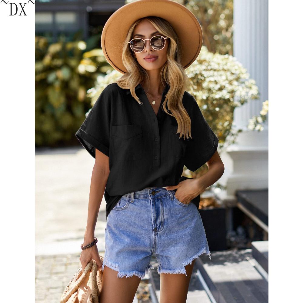 DX~Women's Cotton Linen Shirt Short Sleeved Henry Shirt Button Up V-neck Casual Work Top with Two Pockets